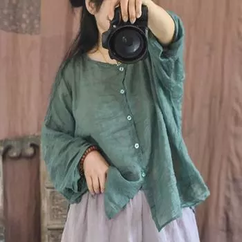 Johnature женские винтажные рубашки с вышивкой, топы с круглым вырезом и длинным рукавом, однотонные весенние женские рубашки на пуговицах One Size фиолетовый