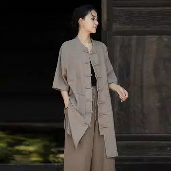 Johnature Женские винтажные рубашки средней длины, однотонные, с рукавами-стойками, летние, с карманами, рубашки в китайском стиле One Size льняной