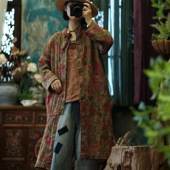 Johnature Женские винтажные рубашки средней длины Топы со стойкой Длинные рукава На пуговицах Цветочные блузки Весенние рубашки One Size