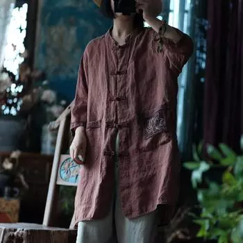 Johnature Женские винтажные рубашки-стойки Топы Вышитые цветочные блузки Весенние женские рубашки в китайском стиле с пуговицами One Size кофейный