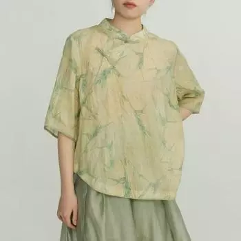Johnature женские винтажные рубашки-стойки топы с коротким рукавом блузки с цветочным принтом весенние женские рубашки в китайском стиле One Size светло-зеленый