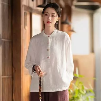 Johnature женские винтажные рубашки-стойки, весенние блузки с длинными рукавами и пуговицами, женские рубашки в китайском стиле One Size белый