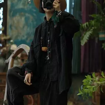 Johnature Женские винтажные рубашки, топы, блузки на пуговицах с длинными рукавами, весенние карманы, винтажные рубашки One Size темно-синий