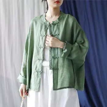 Johnature Женские винтажные рубашки, топы, блузки с длинным рукавом и стойкой на пуговицах, летние женские рубашки в китайском стиле One Size зелёный