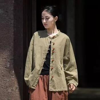 Johnature Женские винтажные рубашки Топы Стойка Длинные рукава Блузки Осенние пуговицы Однотонные рубашки в китайском стиле дубильная кора