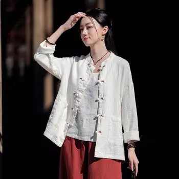 Johnature Женские винтажные рубашки, топы, стойка, пуговицы, длинный рукав, весенние однотонные блузки в китайском стиле One Size бежевый