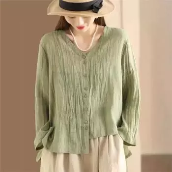 Johnature женские винтажные рубашки топы однотонные блузки на пуговицах с v-образным вырезом и длинными рукавами весенние нерегулярные рубашки