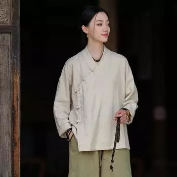 Johnature Женские винтажные рубашки, топы, однотонные блузки в китайском стиле, ткани с пуговицами, осенние женские рубашки One Size чёрный