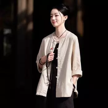 Johnature Женские винтажные рубашки, топы, однотонные женские блузки с круглым вырезом и семью рукавами на весенних пуговицах в китайском стиле One Size бежевый