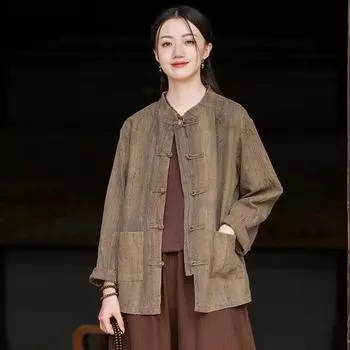 Johnature женские винтажные рубашки топы с длинным рукавом на пуговицах осенние блузки однотонные женские рубашки с карманами One Size зелёный