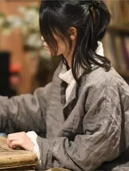 Johnature Женские винтажные рубашки, топы с длинным рукавом, весенние блузки, однотонные свободные рубашки с круглым вырезом в китайском стиле One Size серый