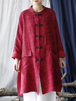 Johnature женские винтажные рубашки топы с длинными рукавами и карманами на пуговицах блузки осенние женские рубашки из смеси хлопка One Size вино красного