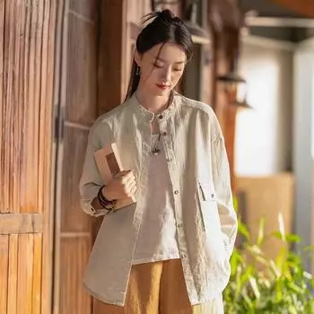 Johnature женские винтажные рубашки топы с длинными рукавами и стойкой весенние блузки на пуговицах с карманами в стиле пэчворк одноцветные рубашки One Size темно-желтого