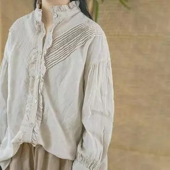 Johnature женские винтажные рубашки топы с длинными рукавами и пуговицами весенние блузки однотонные рубашки в китайском стиле One Size серый