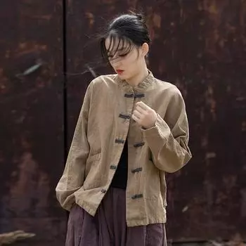 Johnature Женские винтажные рубашки, топы с карманами и длинными рукавами, хлопковые весенние блузки на пуговицах в китайском стиле One Size хаки