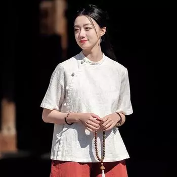 Johnature женские винтажные рубашки топы с короткими рукавами летние блузки однотонные рубашки на пуговицах One Size белый