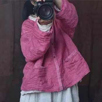 Johnature женские винтажные рубашки топы с круглым вырезом и длинными рукавами на пуговицах весенние блузки однотонные рубашки с карманами One Size светло-синий