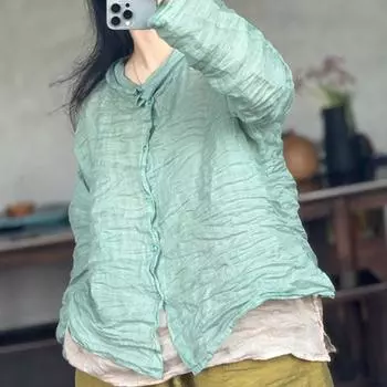 Johnature женские винтажные рубашки топы с круглым вырезом блузки с длинными рукавами летние женские рубашки на пуговицах в китайском стиле One Size серый
