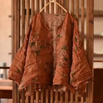 Johnature Женские винтажные рубашки Топы с круглым вырезом Длинные рукава Высококачественные блузки Летние женские рубашки на пуговицах One Size темно-зеленого