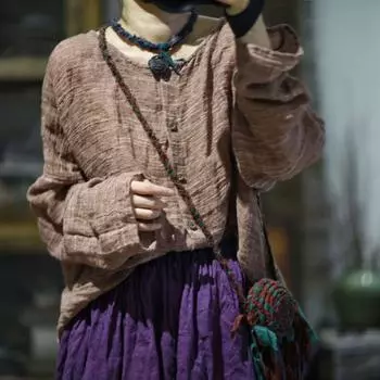 Johnature Женские винтажные рубашки Топы с круглым вырезом Длинные рукава Однотонные блузки на пуговицах Весенние рубашки в китайском стиле One Size