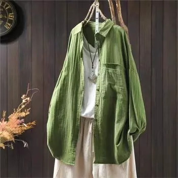 Johnature Женские винтажные рубашки Топы с отложным воротником Блузки с длинным рукавом Весенние карманы на пуговицах Мягкие рубашки One Size белый