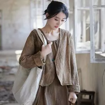 Johnature женские винтажные рубашки топы с v-образным вырезом и длинным рукавом однотонные блузки весенние женские рубашки в китайском стиле One Size кофейный