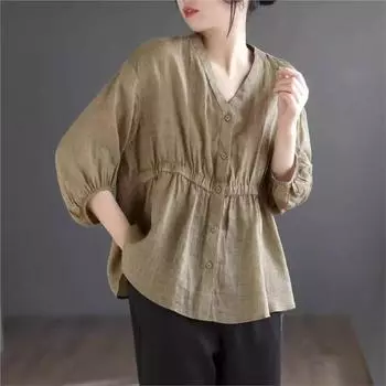 Johnature Женские винтажные рубашки Топы V-образный вырез Семь рукавов Однотонные летние блузки Летние повседневные рубашки One Size хаки