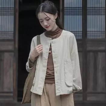 Johnature женские винтажные рубашки, топы, свободные блузки с круглым вырезом и длинными рукавами, осенние однотонные женские рубашки с карманами One Size чёрный