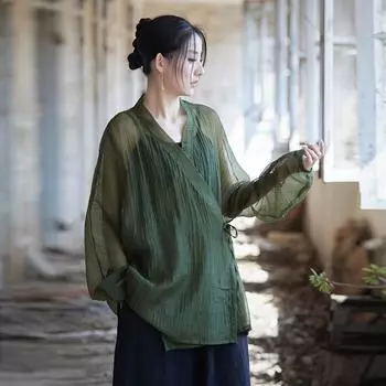 Johnature Женские винтажные рубашки в китайском стиле с V-образным вырезом и длинным рукавом Летние рубашки Свободные мягкие женские блузки M зелёный