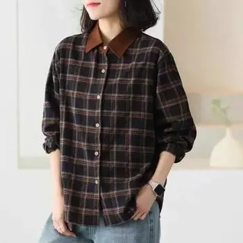 Johnature женские винтажные рубашки в клетку, топы с отложным воротником, весенние пуговицы, хлопковые свободные рубашки в китайском стиле