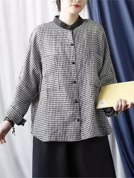 Johnature женские винтажные рубашки в клетку, топы, свободные льняные рубашки со стойкой с длинными рукавами, весенние блузки с карманами, мягкие повседневные рубашки One Size чёрный