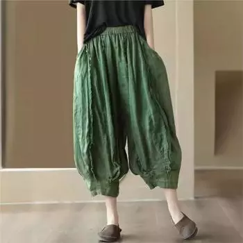 Johnature Женские винтажные шаровары, однотонные, с эластичной резинкой на талии, с карманами в стиле пэчворк, летние брюки длиной до икр One Size белый