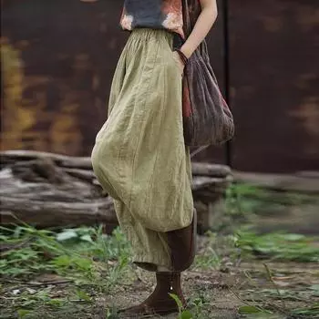 Johnature женские винтажные шаровары однотонные свободные летние брюки с эластичной резинкой на талии и карманами женские лоскутные брюки длиной до щиколотки One Size коричневый