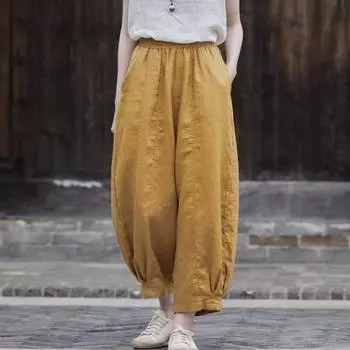 Johnature женские винтажные шаровары с эластичной резинкой на талии, однотонные льняные брюки, осенние повседневные брюки до щиколотки One Size жёлтый