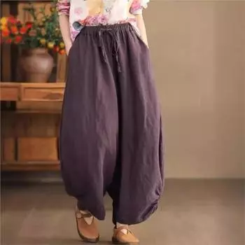 Johnature женские винтажные шаровары с эластичной резинкой на талии, весенние брюки, однотонные свободные женские длинные брюки One Size