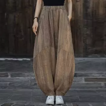 Johnature Женские винтажные шаровары Брюки с эластичным поясом Летние длинные брюки с карманами в стиле тай-дай One Size света кофе