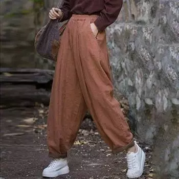 Johnature женские винтажные шаровары с эластичной резинкой на талии и карманами, осенние свободные повседневные брюки, однотонные женские длинные брюки One Size кофейный