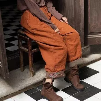 Johnature женские винтажные шаровары с вышивкой однотонные хлопковые льняные толстые хлопковые брюки зимние теплые женские брюки One Size оранжевый