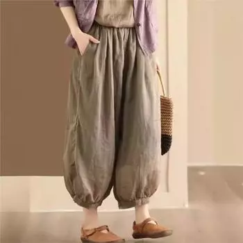 Johnature Женские винтажные шаровары, высококачественные брюки с эластичной резинкой на талии, летние однотонные свободные повседневные брюки One Size легкие хаки