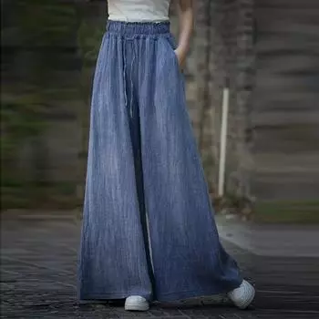 Johnature Женские винтажные широкие брюки из хлопка с принтом тай-дай, эластичный пояс, карманы, пояс, свободные повседневные длинные брюки One Size фиолетовый