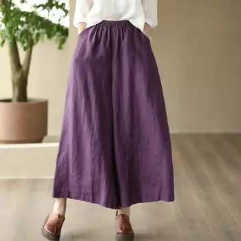 Johnature женские винтажные широкие брюки однотонные свободные брюки весенние повседневные брюки с эластичной резинкой на талии высокого качества One Size чёрный