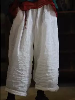 Johnature женские винтажные широкие брюки Ramie с эластичной резинкой на талии, однотонные весенние брюки, весенние свободные женские длинные брюки One Size чёрный