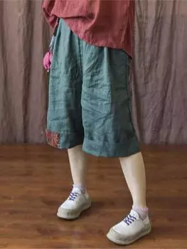 Johnature женские винтажные широкие брюки с эластичной резинкой на талии, однотонные брюки, летние свободные брюки длиной до колена One Size чёрный