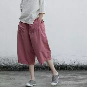 Johnature женские винтажные широкие брюки с эластичной резинкой на талии и карманами в стиле пэчворк, однотонные летние брюки, свободные брюки длиной до икры One Size розовый