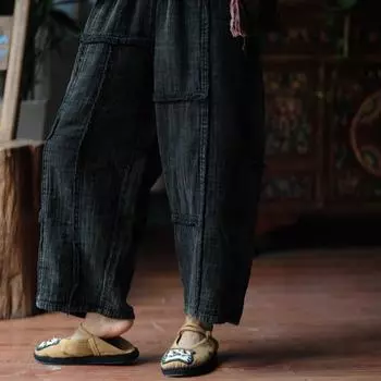 Johnature Женские винтажные широкие брюки с эластичной талией, старые черные брюки, осенние свободные длинные хлопковые брюки One Size