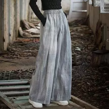 Johnature Женские винтажные широкие брюки с эластичной талией и принтом тай-дай, осенние свободные длинные брюки с поясом One Size светло-серый