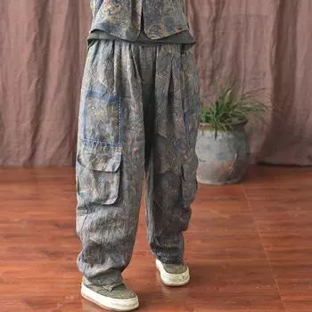 Johnature женские винтажные широкие брюки с эластичной резинкой на талии и цветочными карманами, осенние льняные женские свободные длинные брюки One Size синий