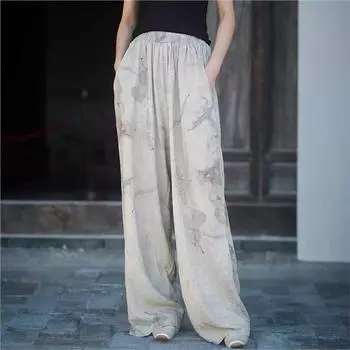 Johnature Женские винтажные широкие брюки с эластичным поясом, свободные повседневные длинные брюки с карманами One Size