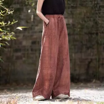 Johnature Женские винтажные широкие брюки с принтом тай-дай, свободные летние хлопковые брюки с поясом, повседневные женские длинные брюки One Size красный