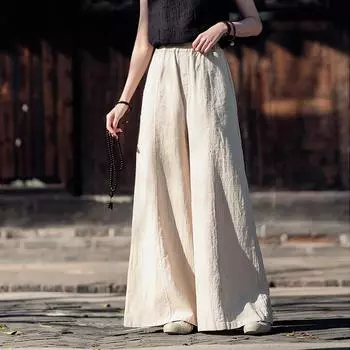 Johnature Женские винтажные широкие брюки в стиле пэчворк, свободные брюки, летние однотонные длинные брюки с эластичной резинкой на талии One Size бежевый